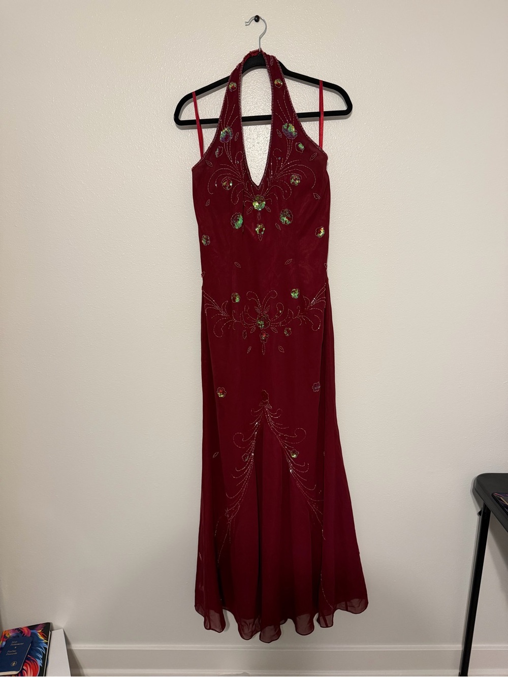 Vintage May Queen Couture Red Beaded Halter Gown • Y2K Fairy Prom Dress